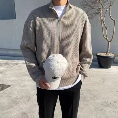 Men's Loose Stand Collar Half Zip Sweater – Spring and Autumn Fashion Knitted Pullover, Casual and Versatile Design