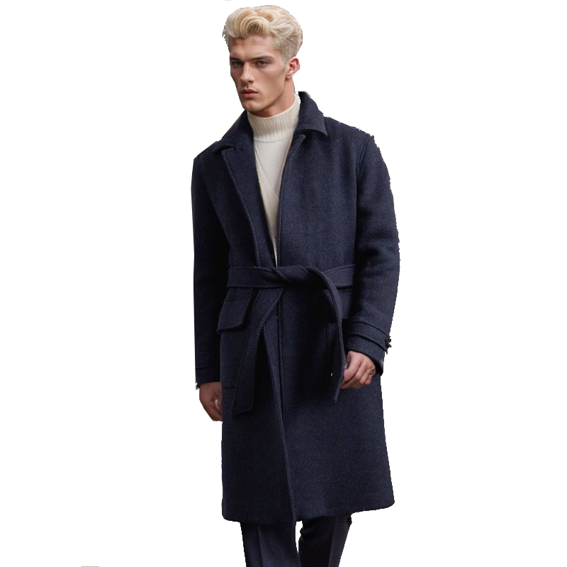 Fall Winter Thick Warm Woolen Coats Men Vintage Lapel Buttoned Belt Tieup Overcoats For Mens 