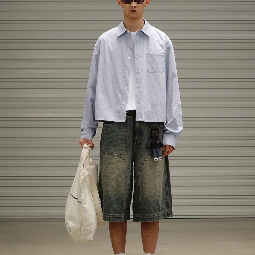 Niche Basic American Retro Pocket Work Shirt Men's Loose Long-Sleeved Short Jacket