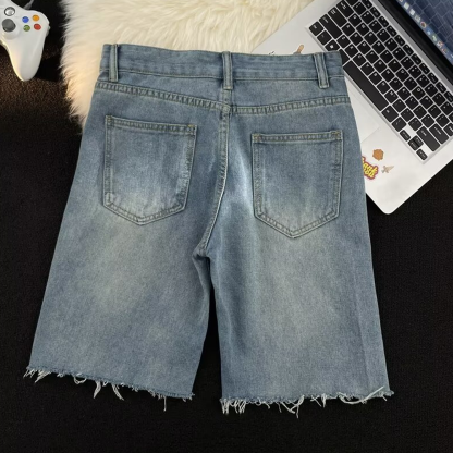 Men's American Retro Washed Distressed Raw Edge Ripped Jeans Shorts