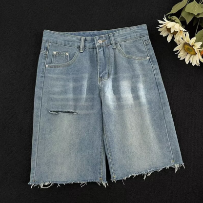 Men's American Retro Washed Distressed Raw Edge Ripped Jeans Shorts
