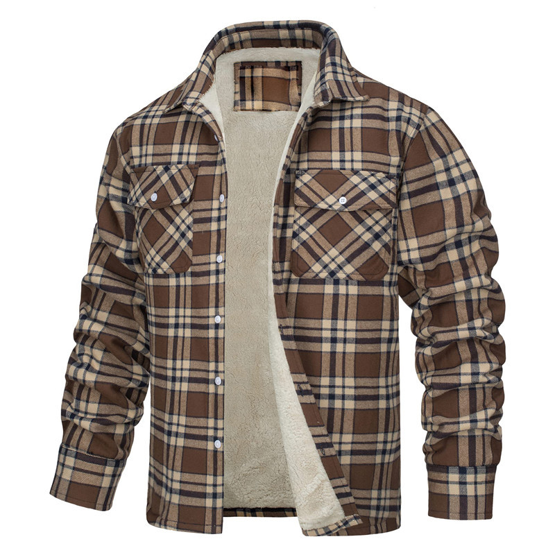 Long-Sleeved Lapel Plaid Fleece Lined Single-Breasted Loose Jacket