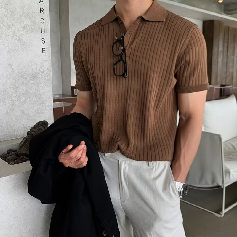 Summer Men's Casual Textured Solid Color Lapel Polo Shirt