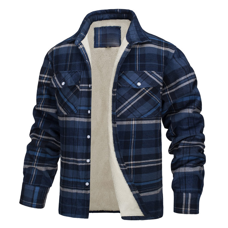 Long-Sleeved Lapel Plaid Fleece Lined Single-Breasted Loose Jacket