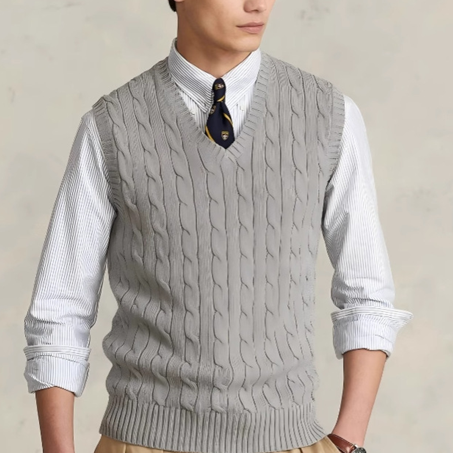 Cable Knit V-Neck Cotton Sweater Vest