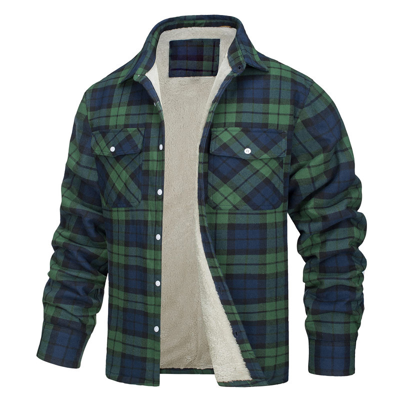 Long-Sleeved Lapel Plaid Fleece Lined Single-Breasted Loose Jacket