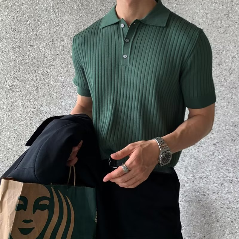 Summer Men's Casual Textured Solid Color Lapel Polo Shirt