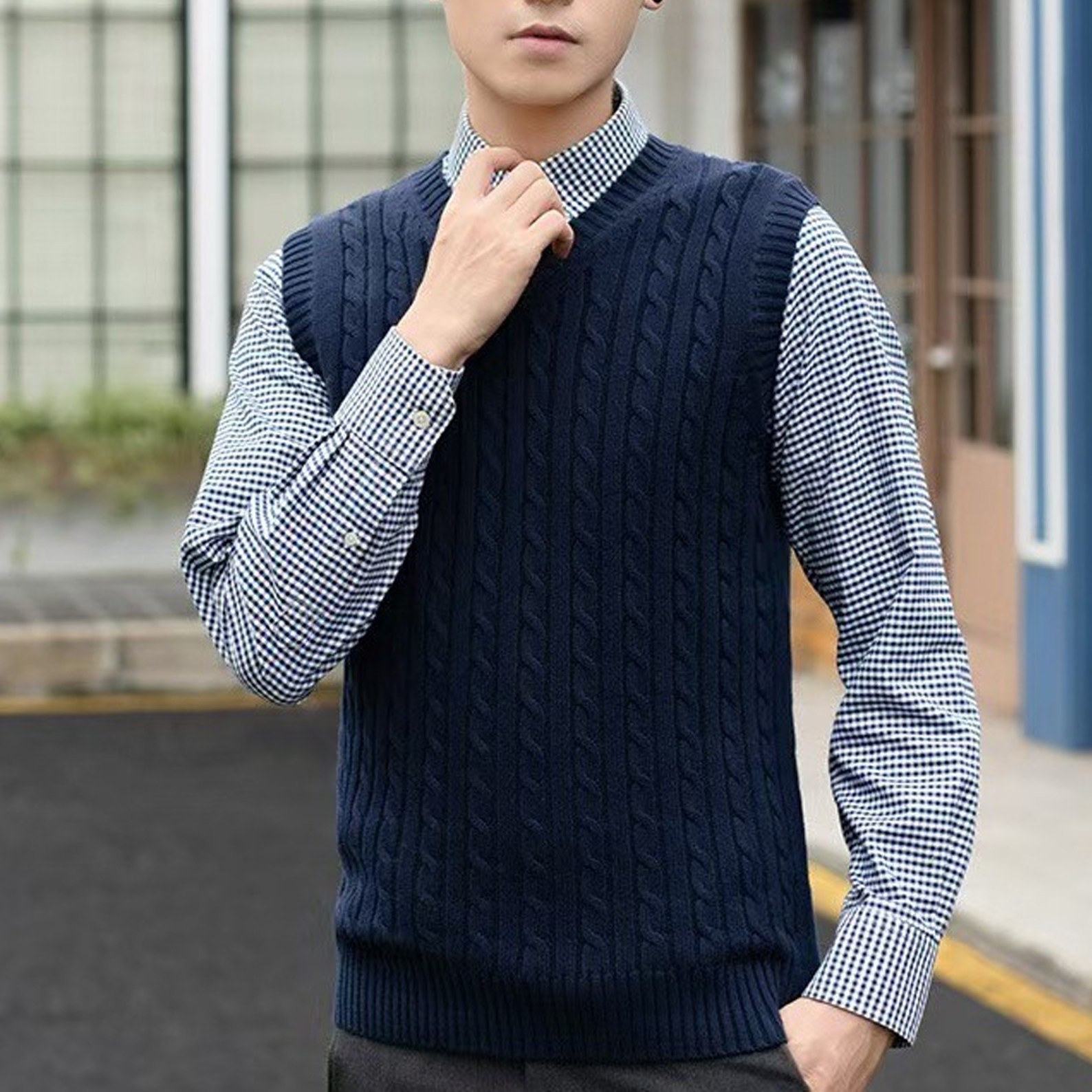 Cable Knit V-Neck Cotton Sweater Vest