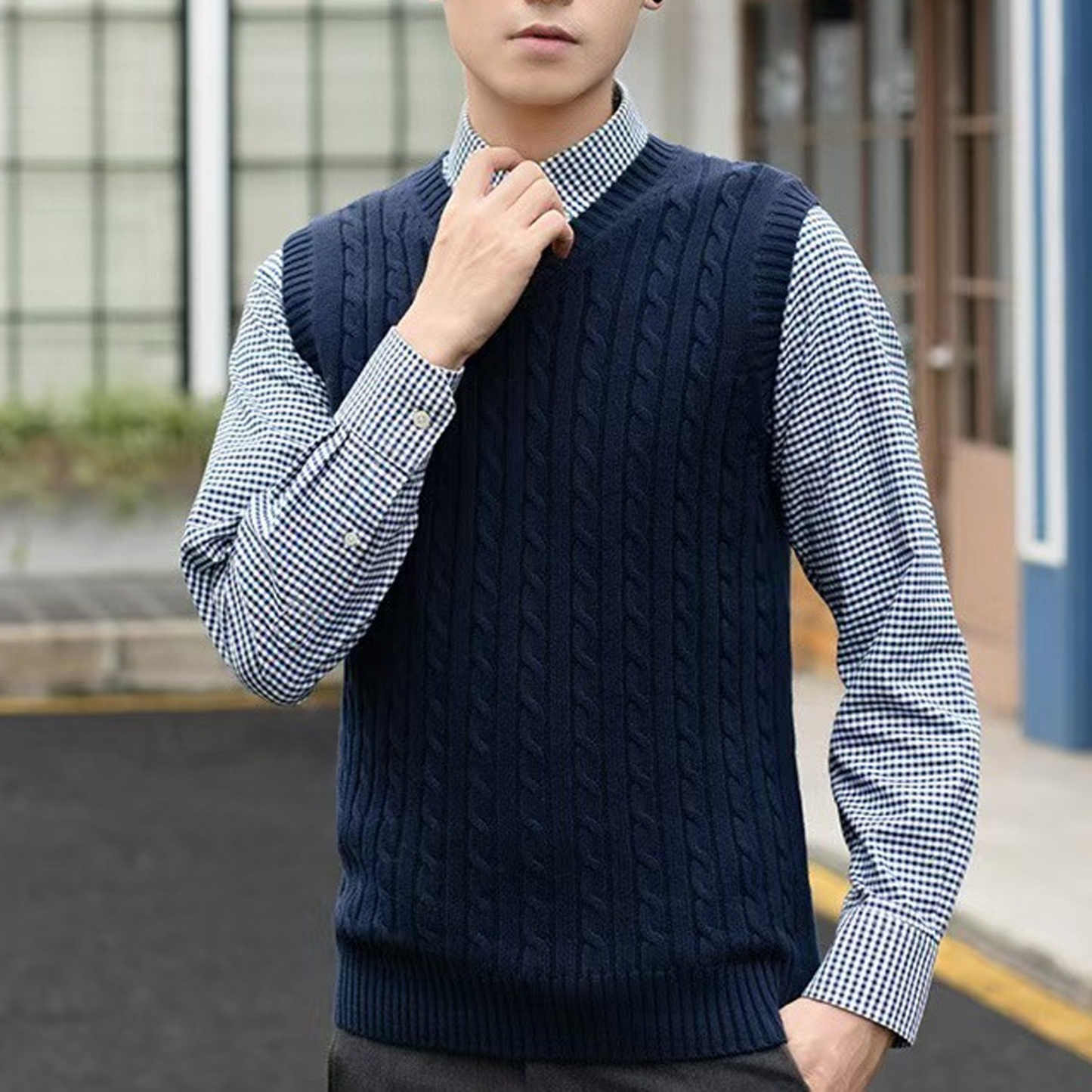 Cable Knit V-Neck Cotton Sweater Vest