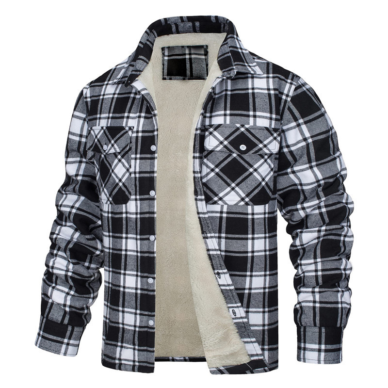 Long-Sleeved Lapel Plaid Fleece Lined Single-Breasted Loose Jacket