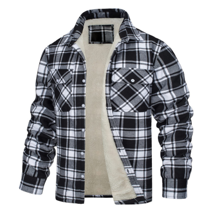 Long-Sleeved Lapel Plaid Fleece Lined Single-Breasted Loose Jacket