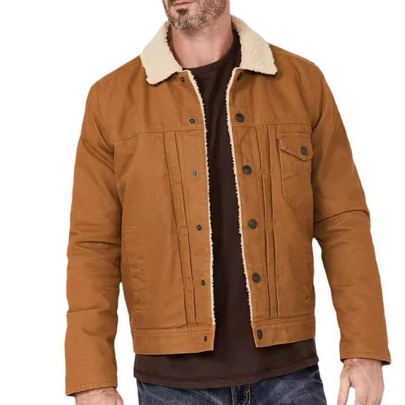 Men's Lambswool Lined Canvas Jacket Fur Collar Single Breasted Multi-Pocket Casual Jacket