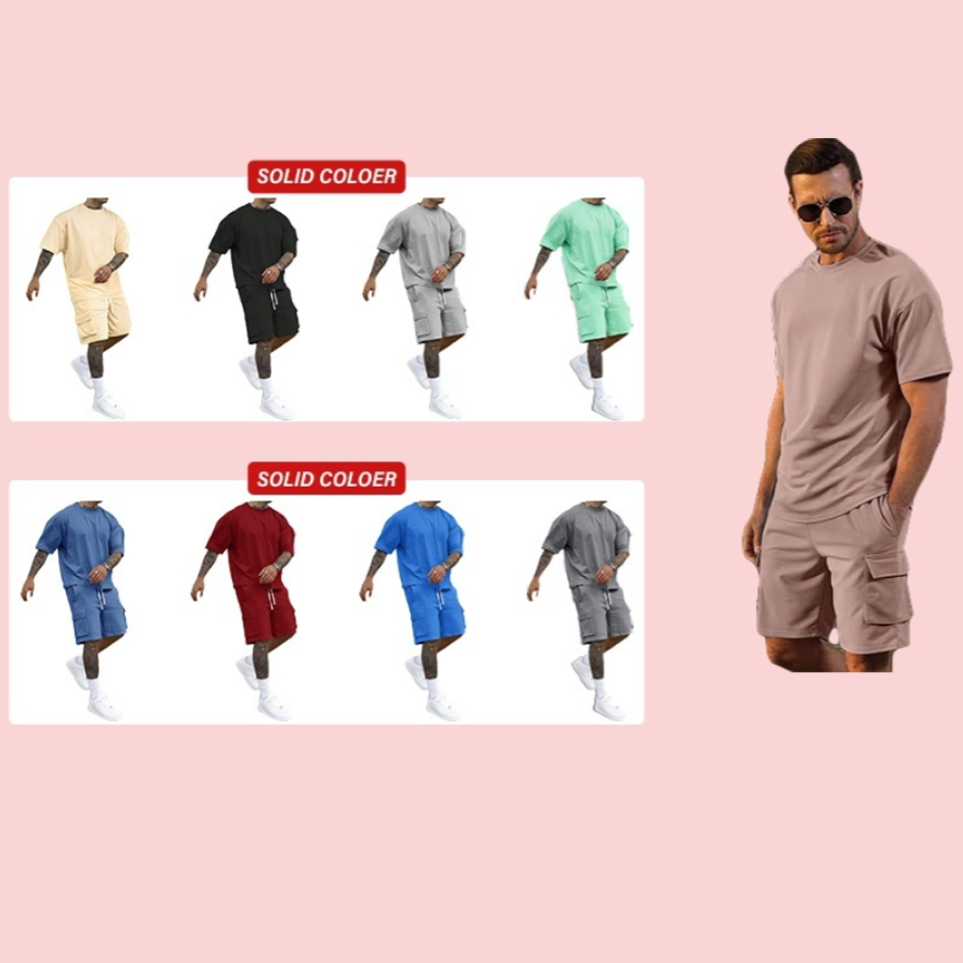 Men's Solid Tee & Cargo Shorts Set