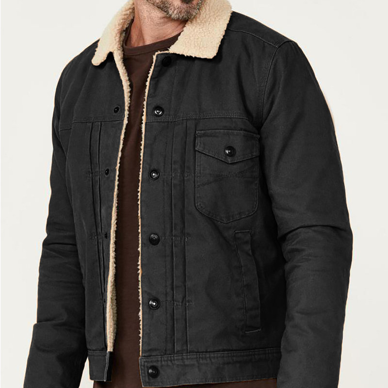 Men's Lambswool Lined Canvas Jacket Fur Collar Single Breasted Multi-P