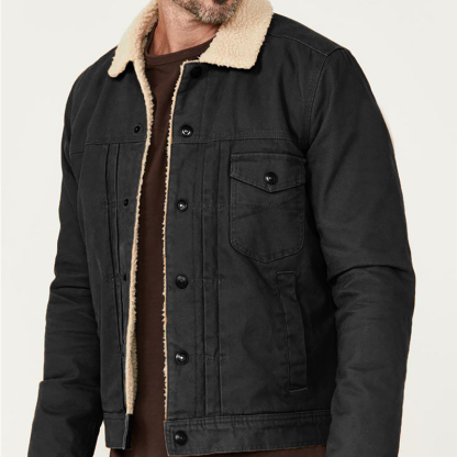 Men's Lambswool Lined Canvas Jacket Fur Collar Single Breasted Multi-Pocket Casual Jacket