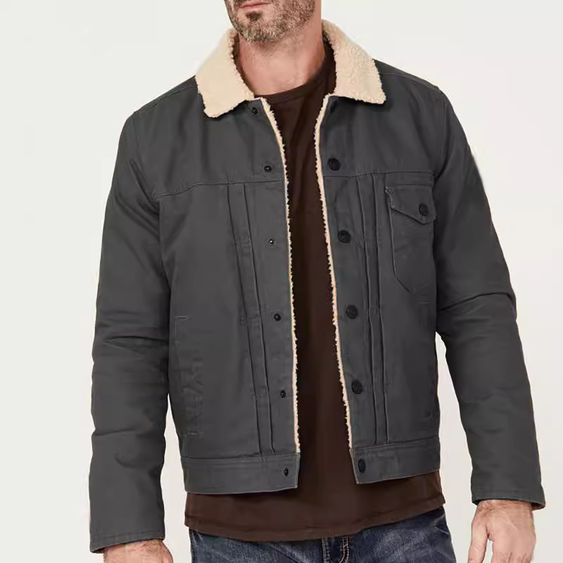 Men's Lambswool Lined Canvas Jacket Fur Collar Single Breasted Multi-Pocket Casual Jacket