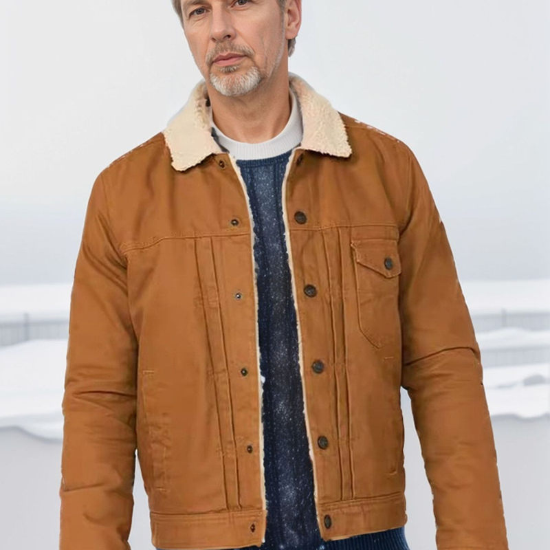 Men's Lambswool Lined Canvas Jacket Fur Collar Single Breasted Multi-Pocket Casual Jacket