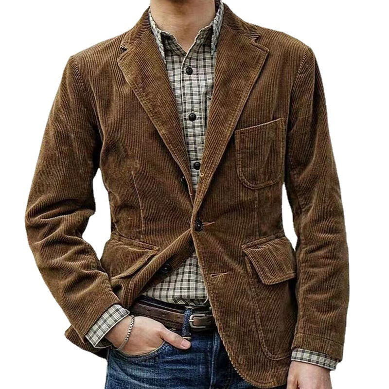 New Men's Corduroy Coat Lapel Jacket Blazer Casual Outwear Spring/ Fall Solid