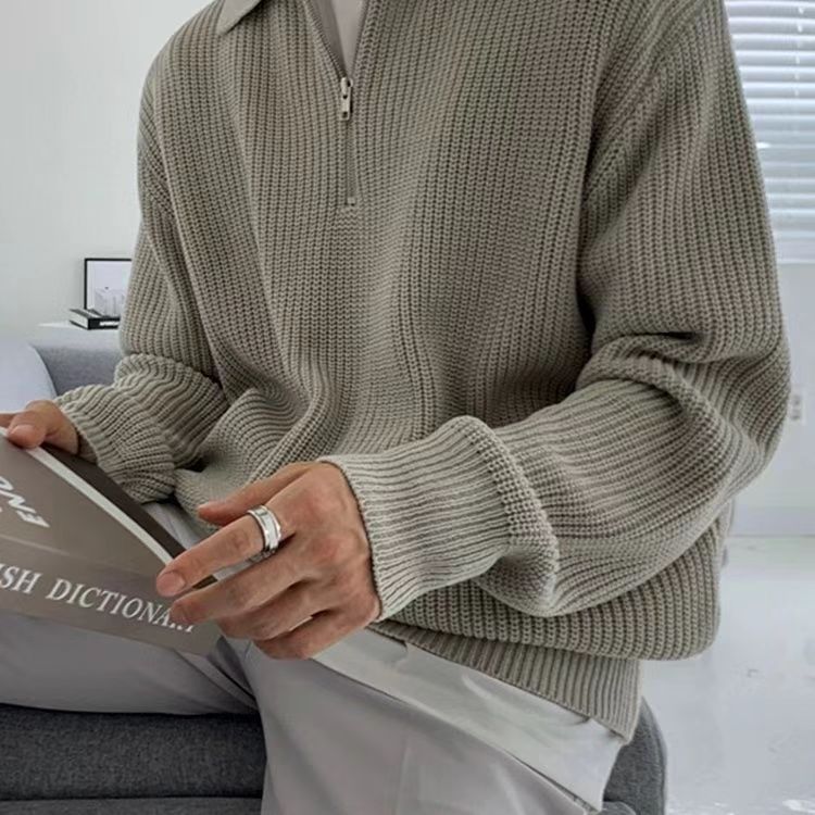 Men's Loose Stand Collar Half Zip Sweater – Spring and Autumn Fashion Knitted Pullover, Casual and Versatile Design