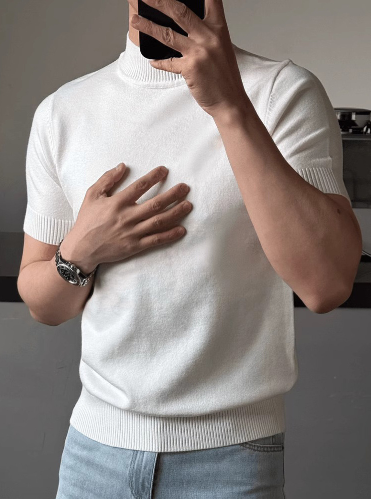 Men's British Business Slim Fit Turtleneck Short-Sleeved Sweater Solid