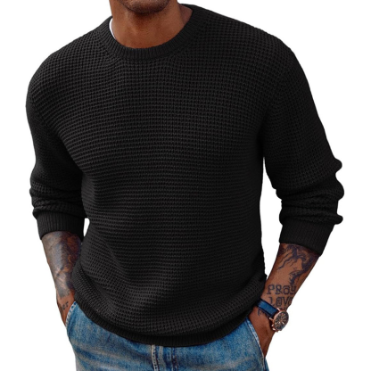 Men's Round Neck Pullover Sweater With Waffle Texture Long Sleeved Knitted Sweater