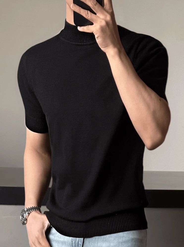 Men's British Business Slim Fit Turtleneck Short-Sleeved Sweater Solid Color Base Layer