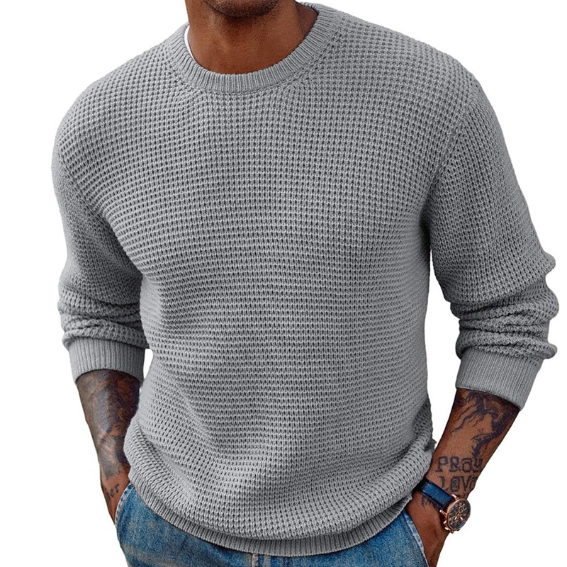 Men's Round Neck Pullover Sweater With Waffle Texture Long Sleeved Knitted Sweater