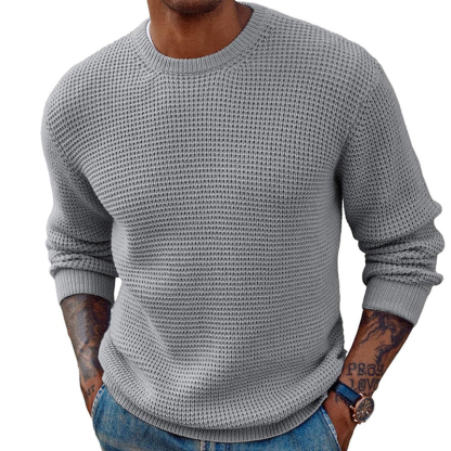 Men's Round Neck Pullover Sweater With Waffle Texture Long Sleeved Knitted Sweater
