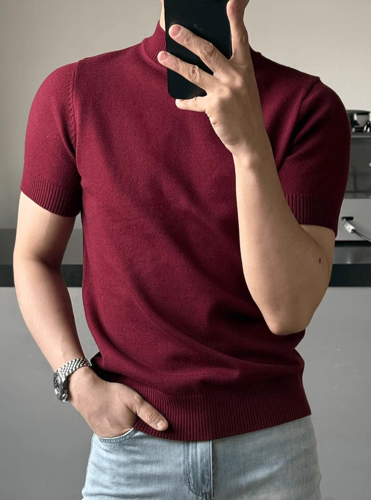 Men's British Business Slim Fit Turtleneck Short-Sleeved Sweater Solid