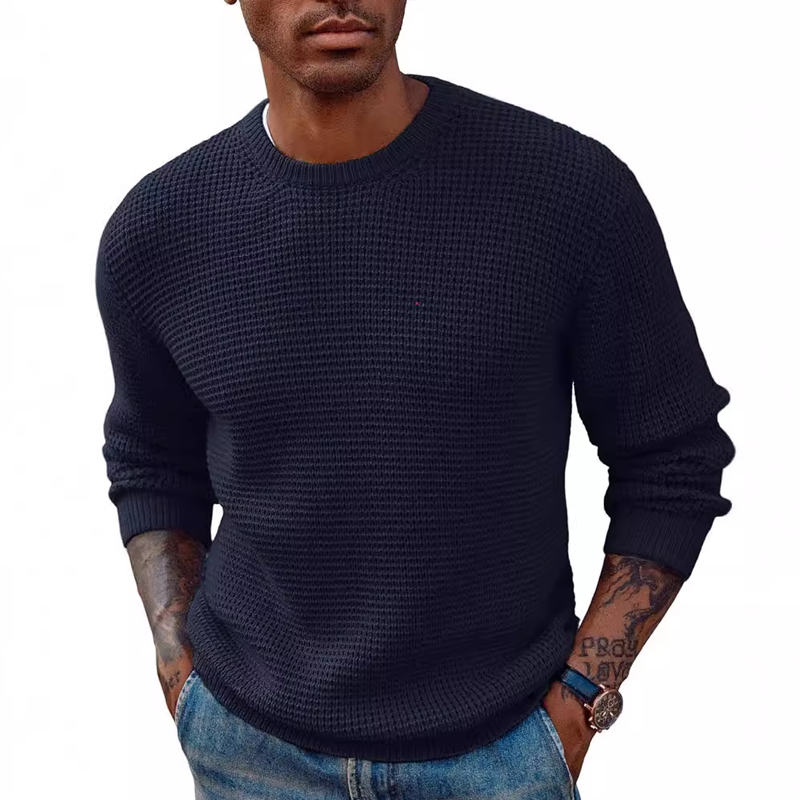 Men's Round Neck Pullover Sweater With Waffle Texture Long Sleeved Knitted Sweater