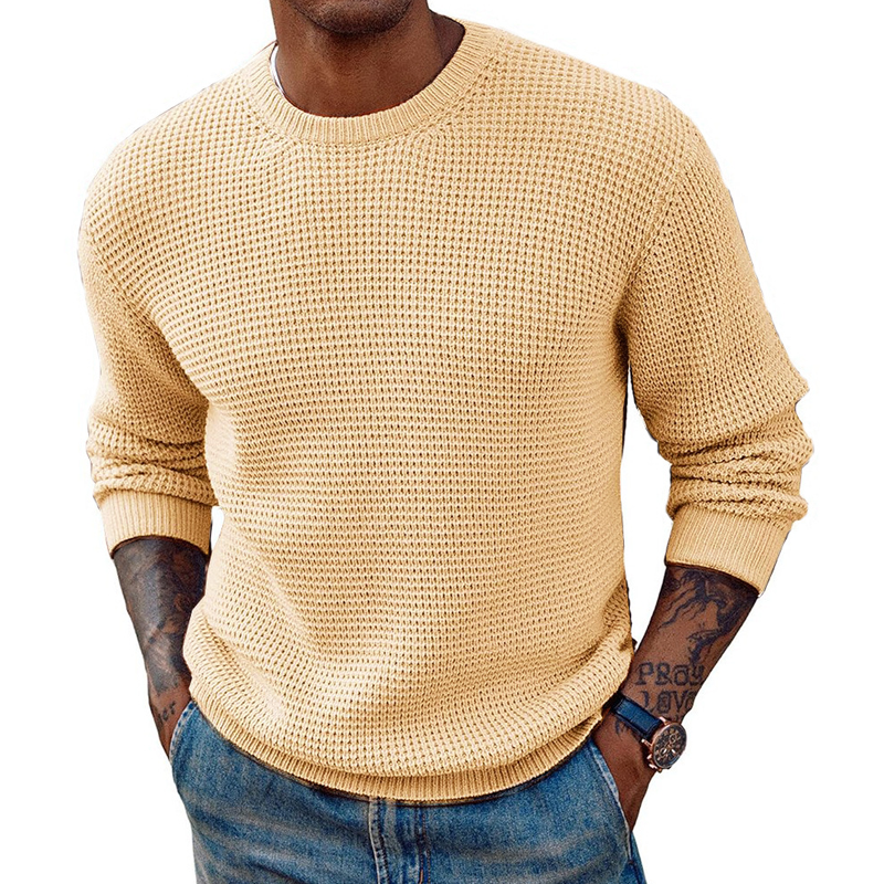Men's Round Neck Pullover Sweater With Waffle Texture Long Sleeved Knitted Sweater