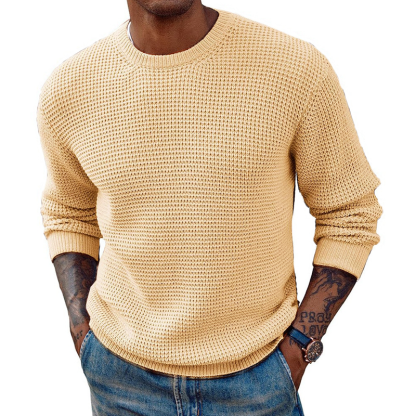 Men's Round Neck Pullover Sweater With Waffle Texture Long Sleeved Knitted Sweater