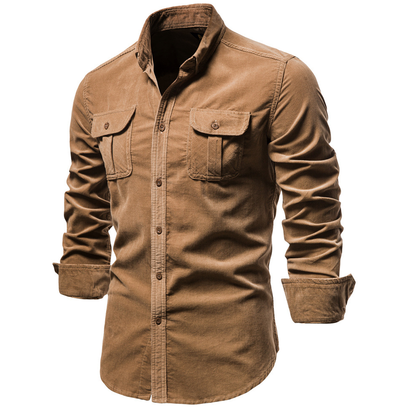 Men's Autumn Cotton Base Solid Color Corduroy Slim Casual Shirt For Men