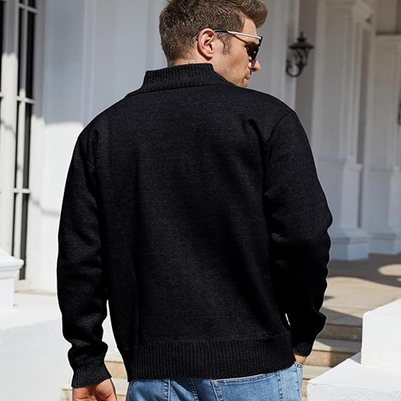 Men's Shawl Collar Cardigan Slim Fit Button Knit Black Sweater Pockets