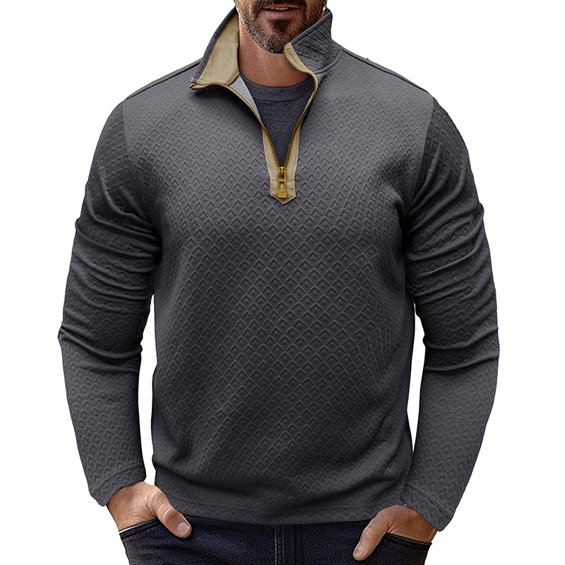 Mens Quarter Zip Pullover Quilted Sweatshirt Knit Long Sleeve Neck Sweater With Pocket