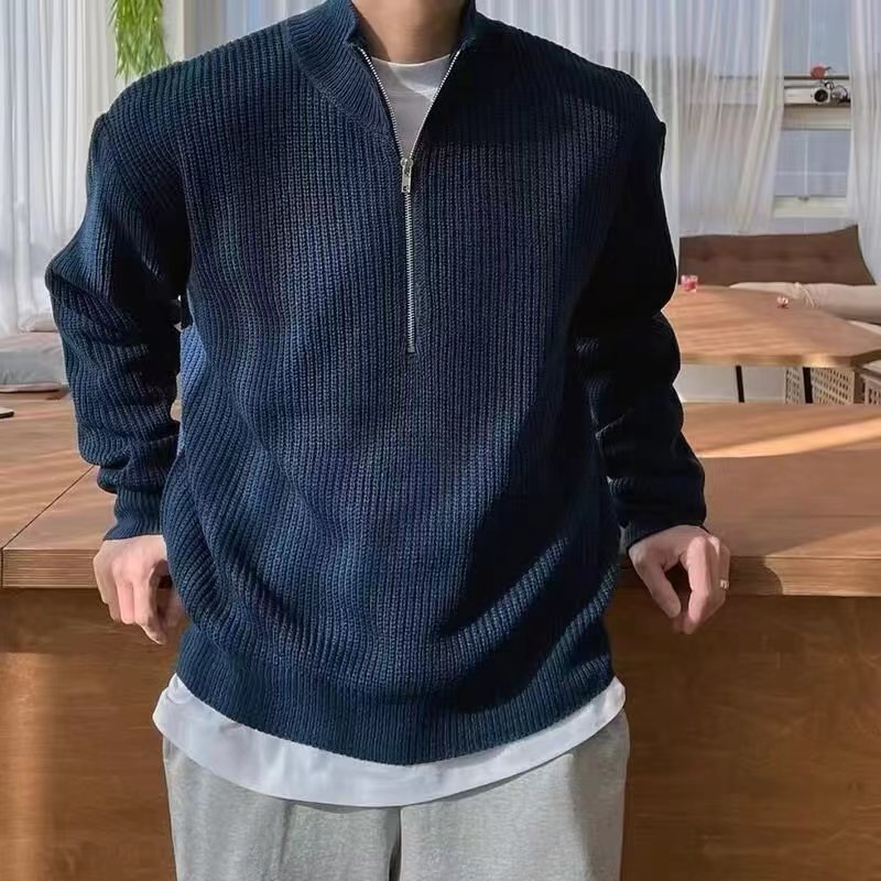 Men's Loose Stand Collar Half Zip Sweater – Spring and Autumn Fashion Knitted Pullover, Casual and Versatile Design