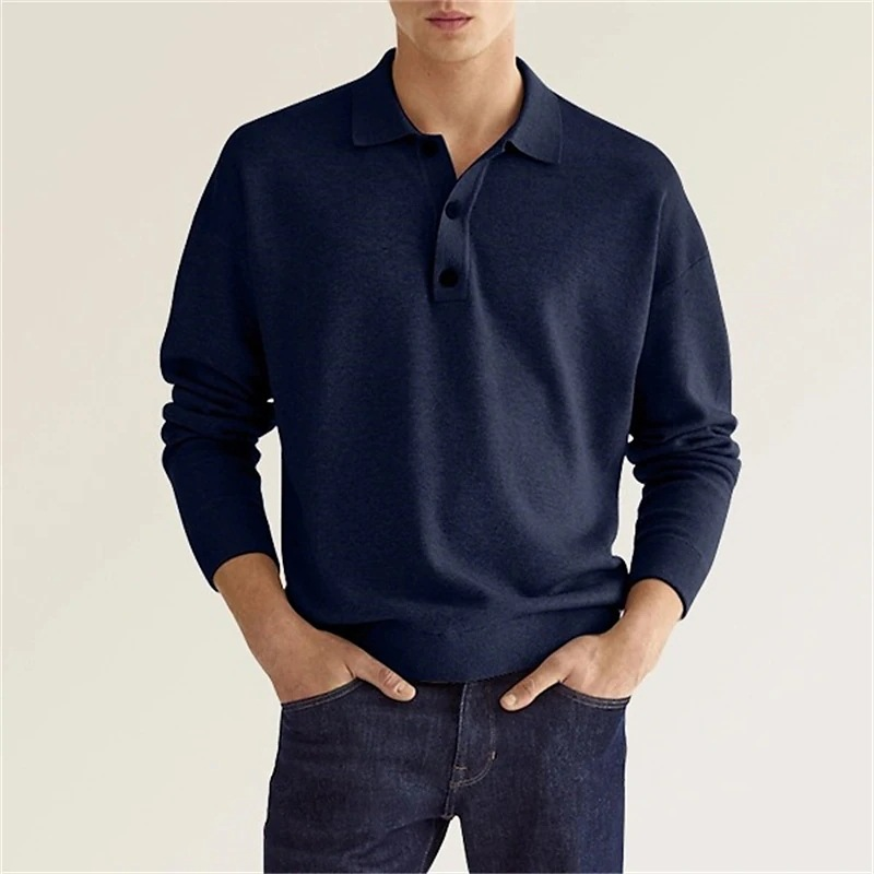 Men's V-Neck Button Down Shirt, Long Sleeve Ribbed Knit Polo Shirt, Fall Essential Top