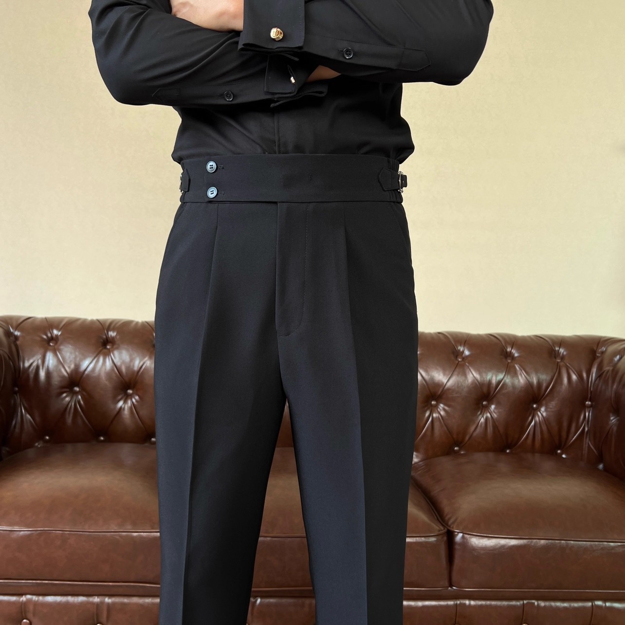 Men’s Italian Naples Style High-Waist Trousers Elegant Cropped Wide-Leg Dress Pants with Relaxed Fit