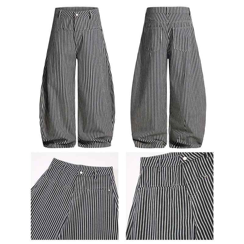 Unisex Vintage American Striped Curved Trousers – Relaxed Loose-Fit Wide-Leg Pants, Retro Casual Streetwear for Everyday Wear