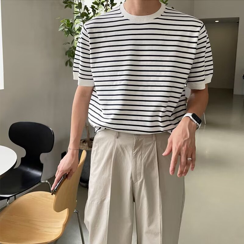 Men's Trendy Striped Half - Turtleneck 3/4 Sleeve Tee: Streetwear Style,Fashion Brand Top