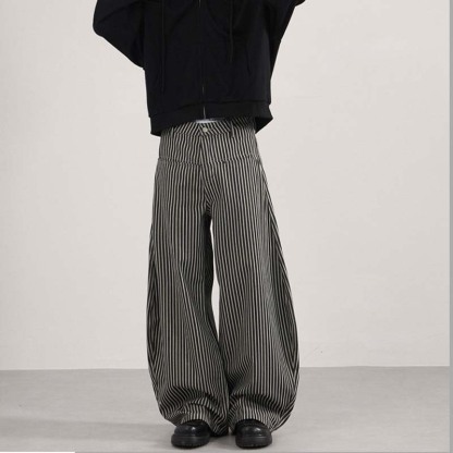 Unisex Vintage American Striped Curved Trousers – Relaxed Loose-Fit Wide-Leg Pants, Retro Casual Streetwear for Everyday Wear