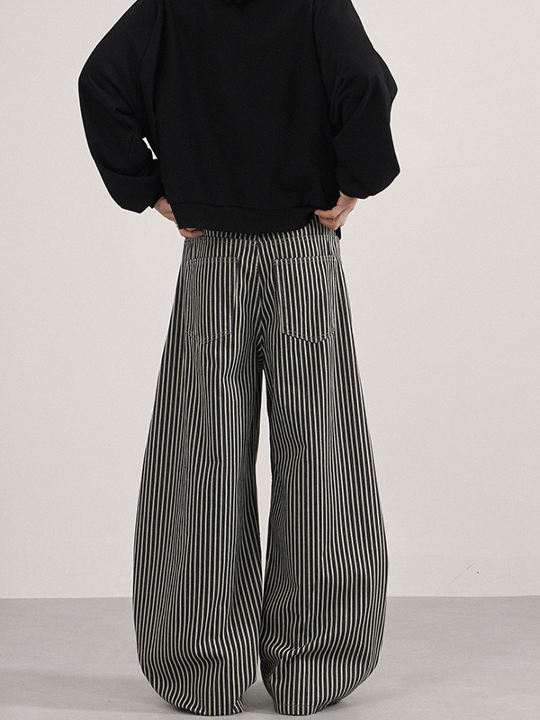 Unisex Vintage American Striped Curved Trousers – Relaxed Loose-Fit Wide-Leg Pants, Retro Casual Streetwear for Everyday Wear