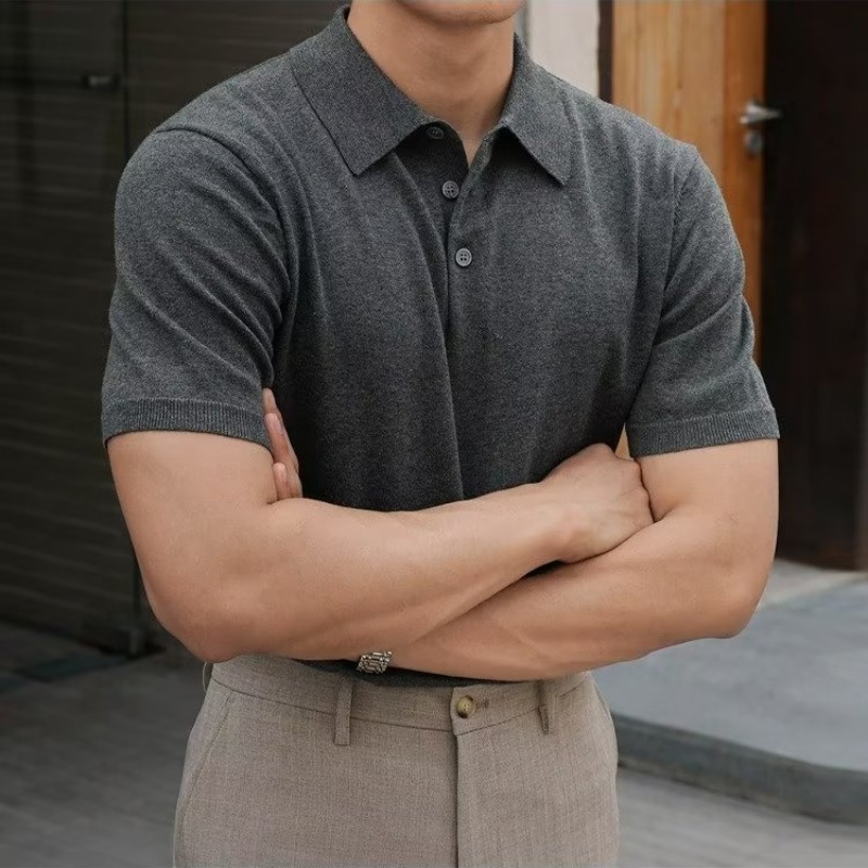 American Men's Trendy Polo Shirt: Summer New, Casual Collared, Solid Color, Breathable Knit Short - Sleeve Cotton Tee