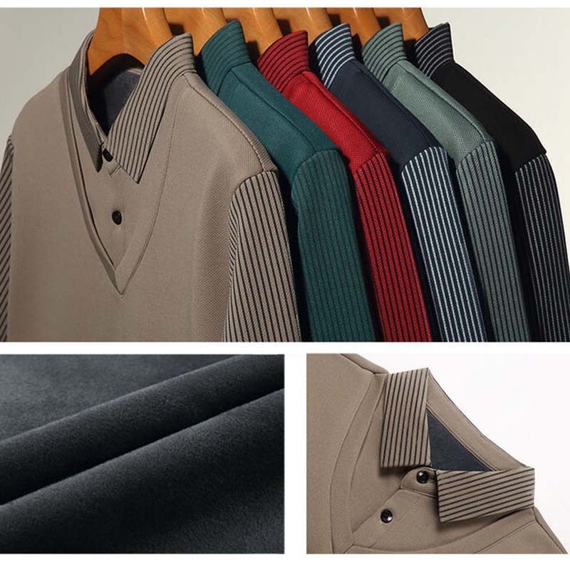 Men's Fleece Lined Faux Two-Piece Striped Polo Shirt – Thickened Knit Long Sleeve for Fall/Winter, Trendy and Warm, Perfect for Casual or Semi-Formal Wear