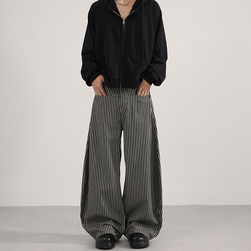 Unisex Vintage American Striped Curved Trousers – Relaxed Loose-Fit Wide-Leg Pants, Retro Casual Streetwear for Everyday Wear