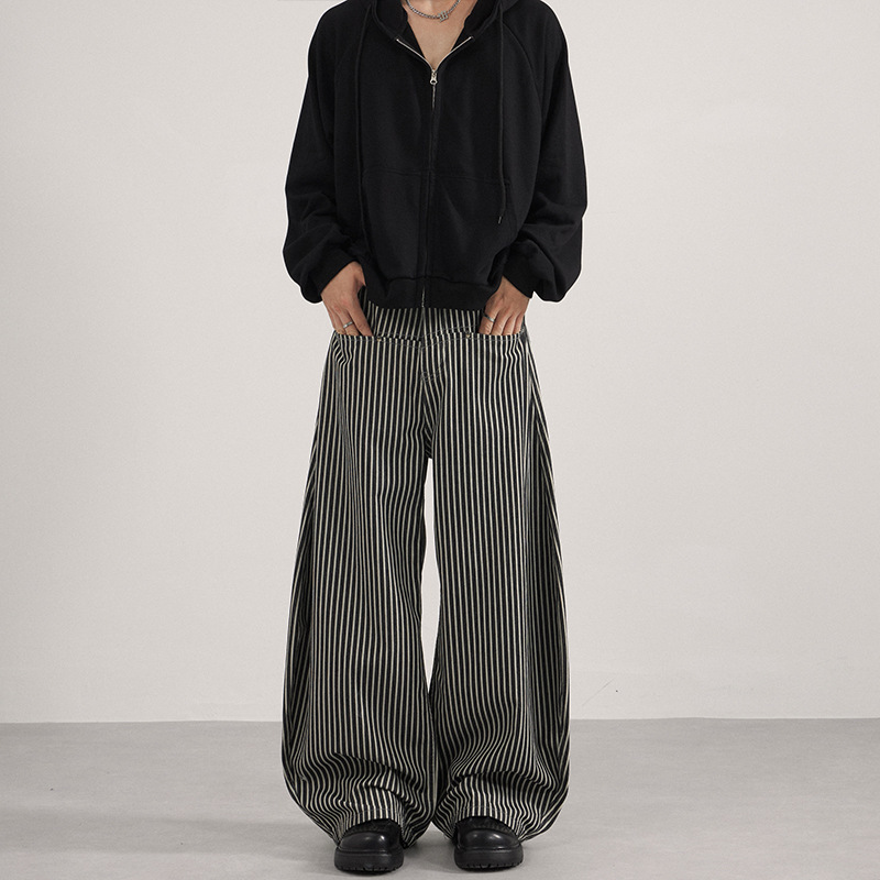 Unisex Vintage American Striped Curved Trousers – Relaxed Loose-Fit Wide-Leg Pants, Retro Casual Streetwear for Everyday Wear