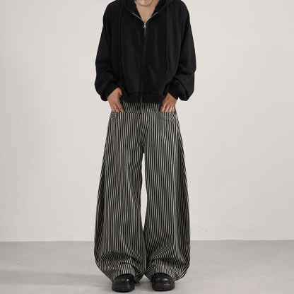 Unisex Vintage American Striped Curved Trousers – Relaxed Loose-Fit Wide-Leg Pants, Retro Casual Streetwear for Everyday Wear