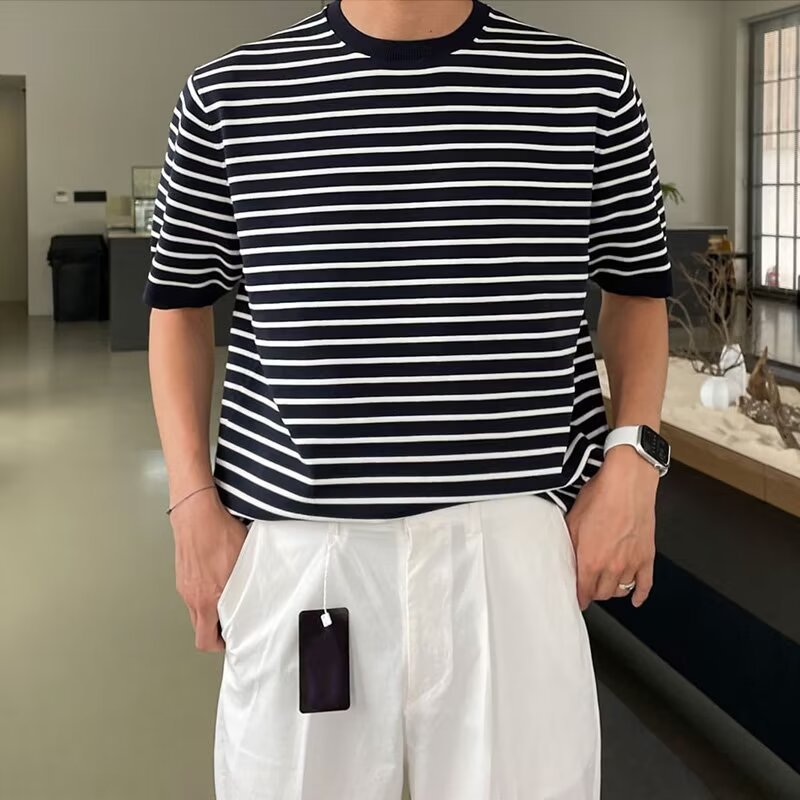 Men's Trendy Striped Half - Turtleneck 3/4 Sleeve Tee: Streetwear Style,Fashion Brand Top