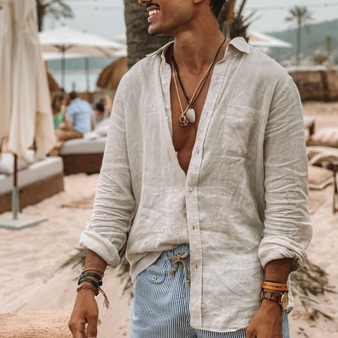 Men's New Long-Sleeved Button-Down Cotton And Linen Shirt With Lapel Cardigan