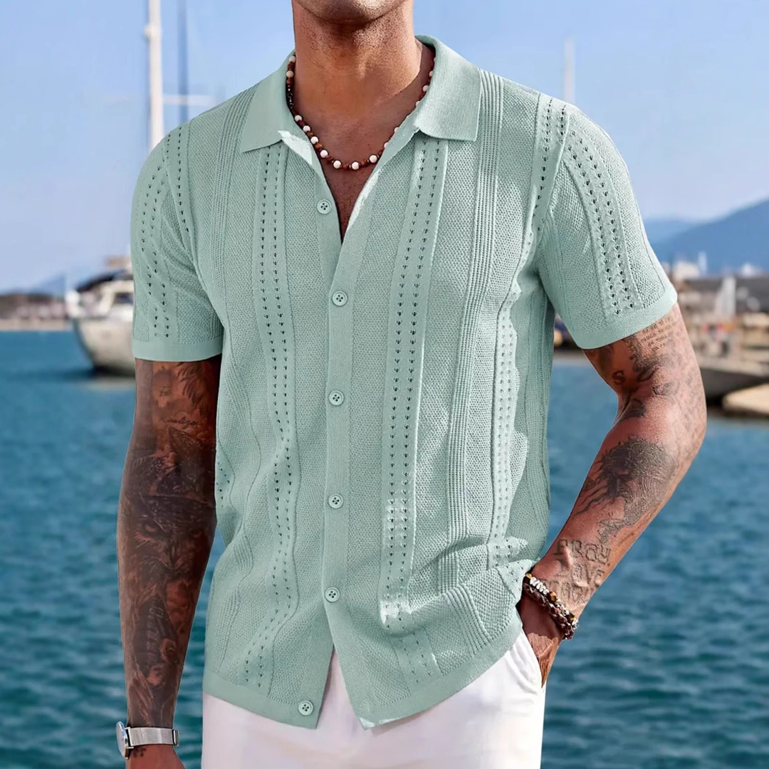 Men's Casual Knitted Cardigan Men's Summer New Style Solid Color Lapel Hollow Breathable Men's Short-Sleeved Top
